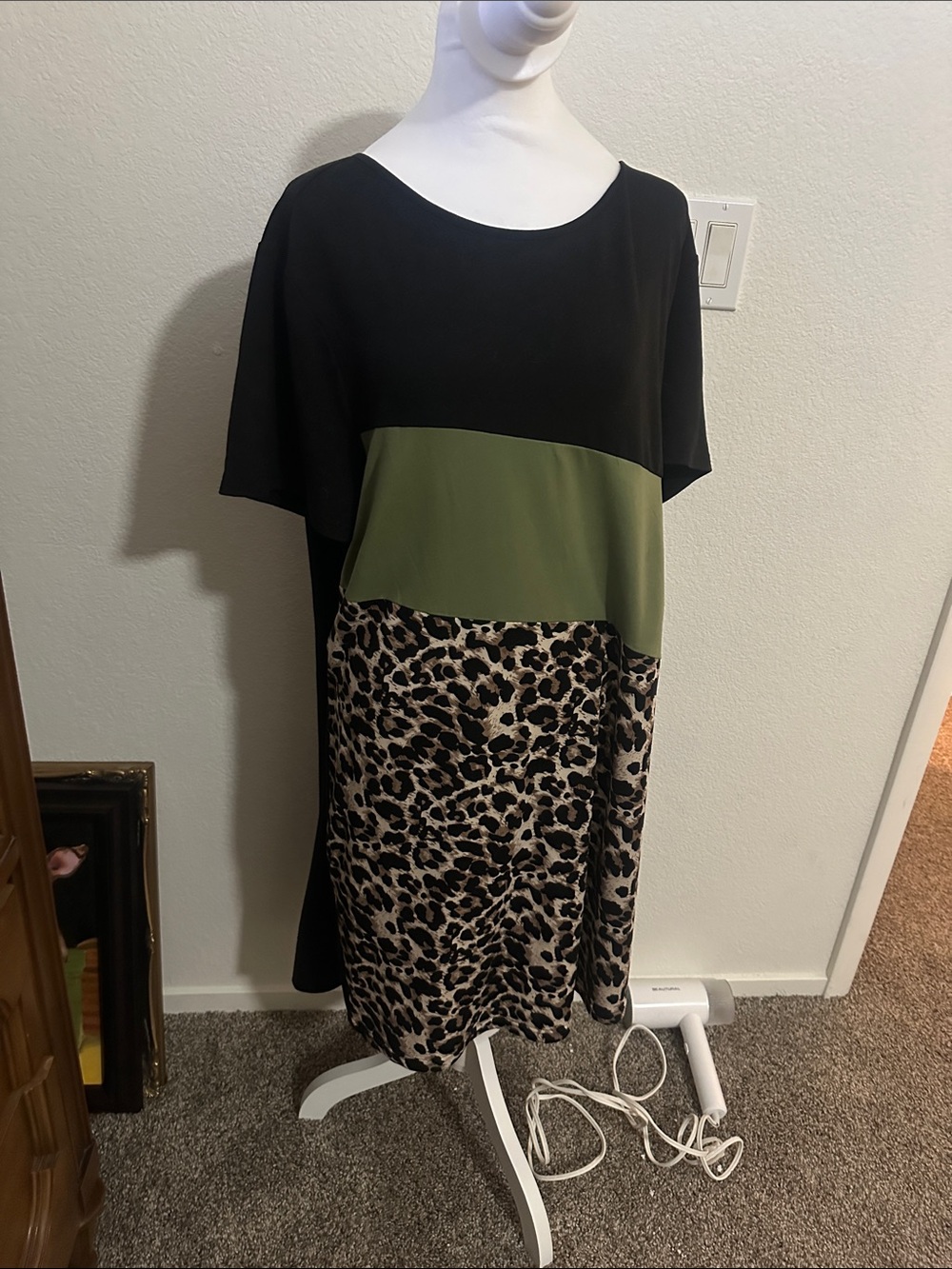Colorblock Leopard Print Shift Dress - Black, Olive, and Leopard